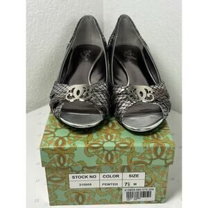 SHARIF women 7.5 SNAKESKIN shoes mini wedge Leather METALLIC slip on VTG w/ box